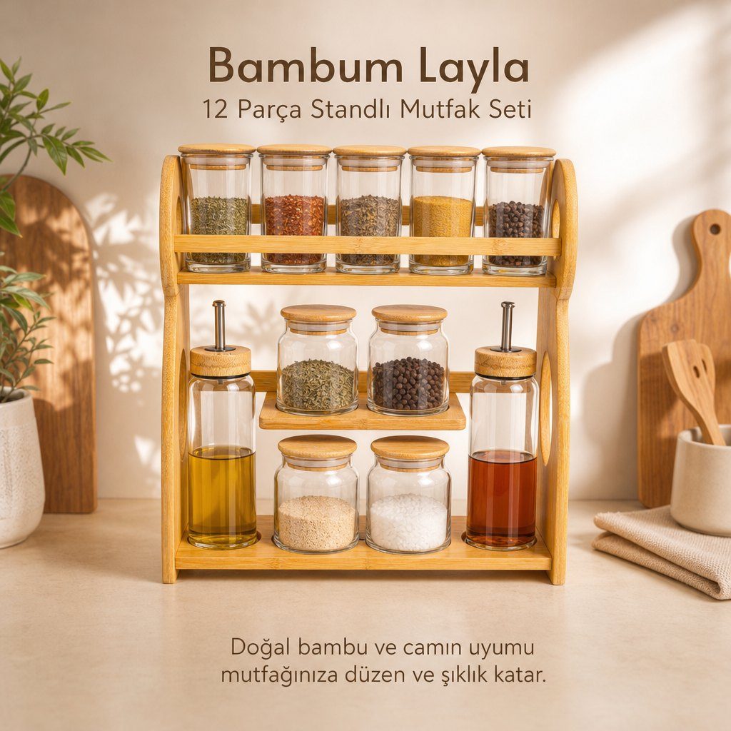 Bambum Layla 12 Parça Cam ve Bambu Kapaklı Standlı Mutfak Seti