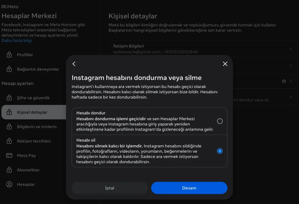 instagram hesabı silme
