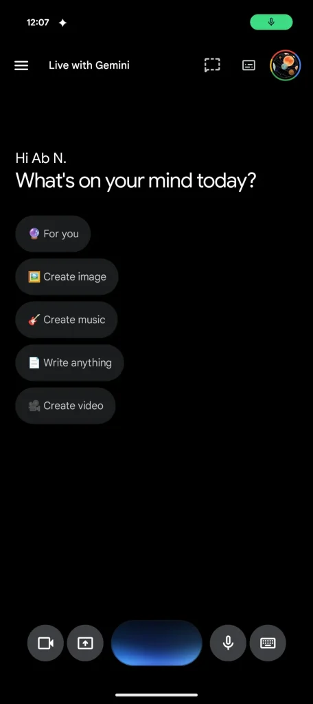 gemini live arayüzü